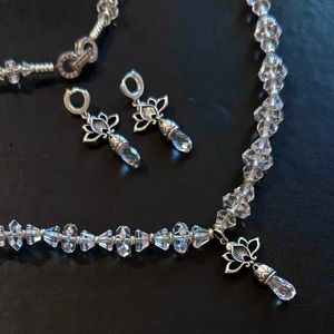 NEW Quartz Crystal Necklace, Sterling Beads, Lotus Pendant w/Lead Crystal Drop